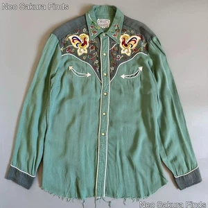 50s H BAR C Men's Vintage Western Embroidery Shirt Green x Gray Size M Used - Picture 1 of 7
