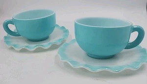 Vintage Set Of 2 Hazel Atlas Crinoline Teal/White Beaded Cup and Saucer - Picture 1 of 6
