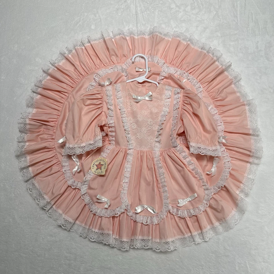 Vestido Vintage Círculo Completo Rosa Blanco Niñas 3T Capas Volantes Encaje Desfile Fiesta Foto 1 de 4