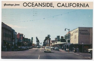 OCEANSIDE CA Postkarte GRUSS Hill Street Store Werbung, nach HAMMOND 1957 - Bild 1 von 2