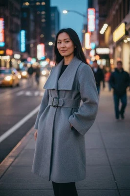 Abrigo largo de lana con cinturón gris pequeño Jessica Simpson para mujer  Foto 1 de 4