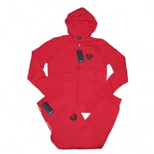 True Religion 2 Pc Fleece Tracksuit Set Men's Size L Sweatsuit Red Puff Logo NWT - Picture 1 of 8