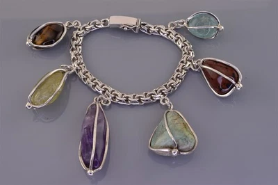 Pulsera 925 firmada de plata de ley enjaulada con piedras preciosas mixtas 71 g Mex 6,75" Foto 1 de 4