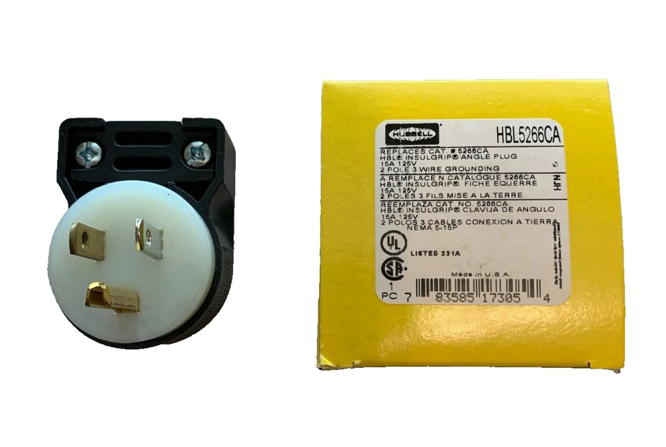 HUBBELL HBL5266CA Angle Straight Blade Plug: 5-15P, 15 A, 125V AC, B/W - Image 1 of 1