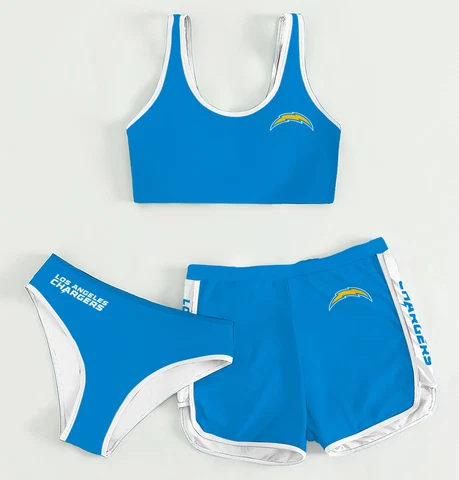 Los Angeles Chargers 3PCs Summer Bikini Swimsuit with Shorts Athletic Swimwear Cover
