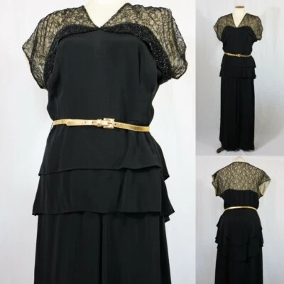 Vestido de cóctel vintage años 40 40" Volup Peplum Illusion encaje cuentas rayón negro Foto 1 de 4