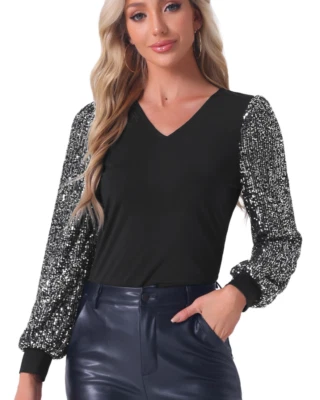 Allegra K Women's Sequin Sleeve Shirt Sparkly Party Tops V Neck Blouses, M - Image 1 of 4