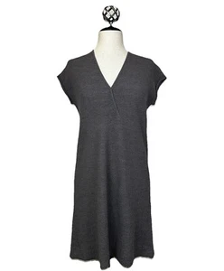EILEEN FISHER Wool Shift Dress Sz PM Brown Round Tuck V Neck Pullover Semi Sheer - Picture 1 of 16