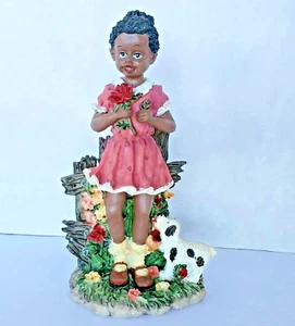 Girl w Flowers and Dog Pink Dress Black African American Vintage Figurine 8 in - Picture 1 of 7