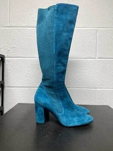 Stivali al ginocchio Stuart Weitzman Livia blu scamosciati tacco a blocco pull on donna 10 - Foto 1 di 9