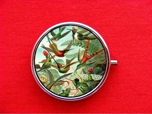 HUMMINGBIRD FLOWERS BIRDS NATURE TRINKET STASH ROUND MINT METAL PILL BOX CASE - Picture 1 of 2