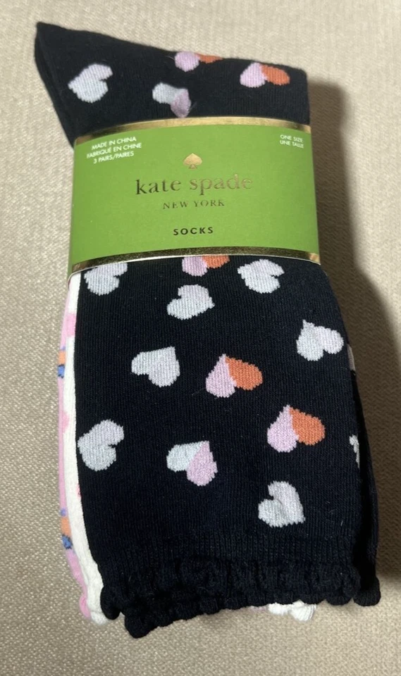 3 Pair Kate Spade Hearts Birds Polka Dot Crew Socks Womans One Size