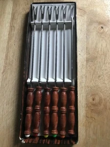 Deluxe Stainless Steel Fondue Forks Keyaki Wood Handles Color Tips NEW IN BOX - Picture 1 of 6