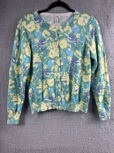 L.L. BEAN 100% Supima Cotton S Damen Strickjacke PULLOVER blau grün gelb geblümt - Bild 1 von 14