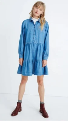 Vestido camisero Madewell M Denim con capas azul algodón Tencel mini cuello Foto 1 de 4