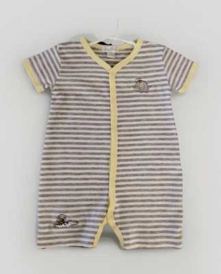 KISSY KISSY-9M-Baby Boy Romper-Short Slv-Gray/White Stripe-Yellow Trim-Snaps - Image 1 of 4