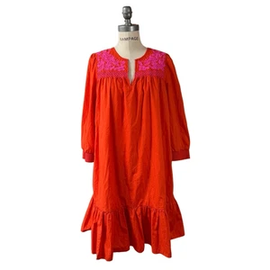 J. Crew women’s Leda orange pink embroidered ruffle bottom popover dress sz M - Picture 1 of 7