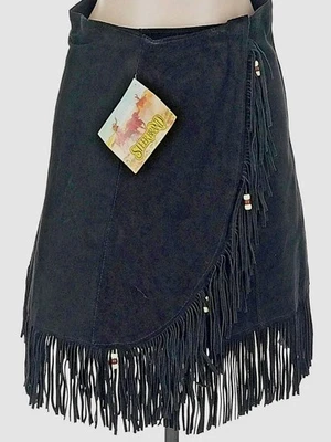 NUEVO CON ETIQUETAS Falda Vintage Marca Steer Cuero Gamuza Flecos Envolvente Negra Occidental Años 80 L XL Foto 1 de 4