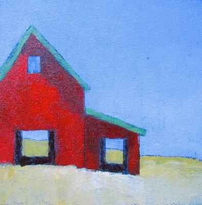 RED BARN 8x8 Art Lynne French California Farm Landscape Oil Painting - Image 1 of 4