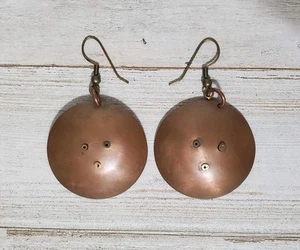 Vintage Copper Pierced Dangle Earrings 1 1/4 inch Round Disc on Ear Wire - Picture 1 of 3