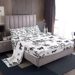 Western Sheet Set Queen Size Sketch Cowboy Cow and Horse Bedding Set 4Pcs Farm A - Picture 1 of 7
