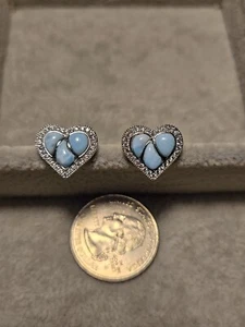 Heart Larimar & Cubic Zirconia Stud Earrings - Picture 1 of 4