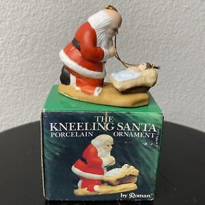 Vintage 1985 Roman The Kneeling Santa Porcelain Christmas Ornament w/ Box