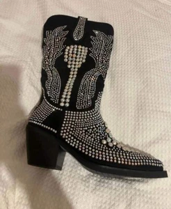 Black Rhinestone Cowboy Boots, Nasty Gal, Size 4 - Picture 1 of 5