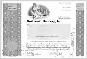 1985 Northeast Bancorp Inc 3204 azioni certificato azioni ordinarie - Foto 1 di 2