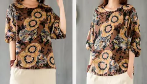 Blusa floral suelta informal vintage para mujer de algodón lino manga larga - Imagen 1 de 2