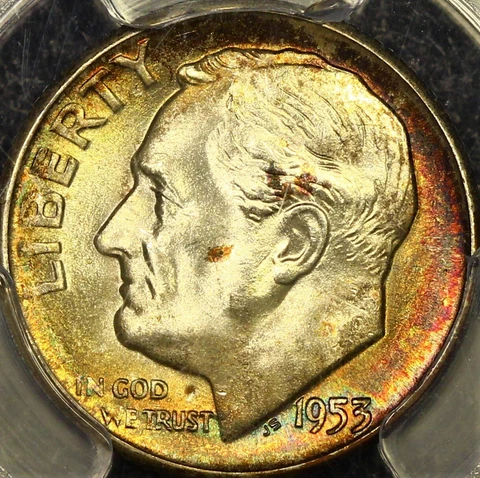Toned PCGS MS67 1953 S Roosevelt Dime 10c PQ Color Lustrous Rose Gold Color Cover