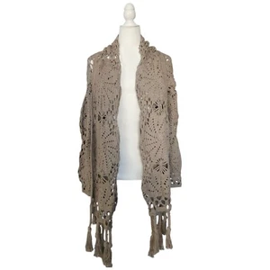 Pure Handknit Women's Size M/L Beige Tan Boho Open Knit Crochet Cardigan - Picture 1 of 8