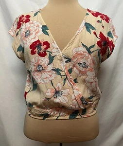 Womens Deep V Neck Floral Print Crop Top Cap Sleeves Tropical Print Roxy Top M - Picture 1 of 16