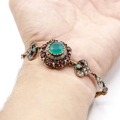 Turkish Bracelet Sterling Silver 925 Ruby Emerald Flower Bracelet Link Handmade - Image 1 of 3