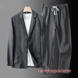2 PC Men's Linen Suit Summer Causal Blazer + Pants Coat Beach Jacket Two Buttons - Bild 1 von 25