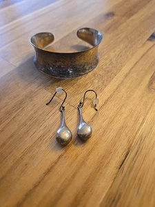 Mexico .925 HAMMERED CONCAVE design WIDE CUFF Bracelet Earrings - Picture 1 of 3