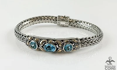 Brazalete de cadena tejido de plata esterlina con detalles de oro amarillo de 18 quilates con topacio BJC Foto 1 de 4