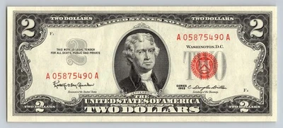 1963 Two Dollar Bill Red Seal UNCIRCULATED! Series $2 US Legal Tender Paper - Image 1 of 2