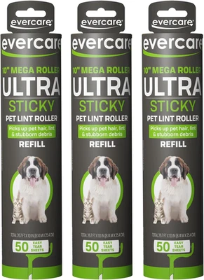 Evercare Pack de 3 Recambios de Rodillo de Pelusa Multiusos para Mascotas Mega Gran Tamaño, 50 Hojas Foto 1 de 4