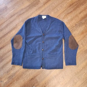 VTG Eddie Bauer Cardigan Sweater Suede Elbow Patch Mens Large Tall Blue Wool USA - Picture 1 of 6