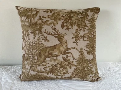 Pottery Barn Gold Alpine Toile Stag Deer 双面格子枕头套 PB 样品 — 第 1/4 张图片
