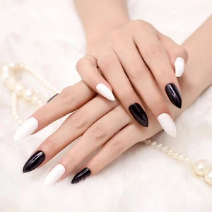 Falsche Nägel STILETTO Full Cover Schwarz + Weiß Fake Künstlich PFN-SL-086 - Bild 1 von 7