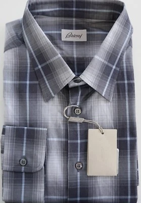 🆕️ BRIONI Gray Blue Check Plaid 100% Cotton Long-Sleeve Dress Shirt 3XL - Image 1 of 4