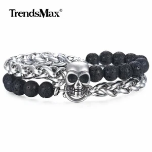 Pulsera de eslabones de trigo de acero inoxidable de 8 mm con dije de calavera joyería con cuentas de lava unisex - Imagen 1 de 6