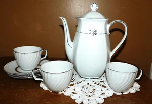 Winterling Bavaria Porcelain Coffee Tea Pot 3 Cups/Saucers White Platinum Trim - Picture 1 of 16