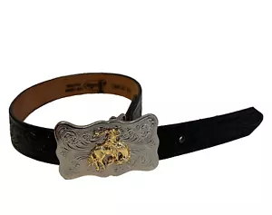 Justin Belt Black Tooled Leather Rodeo Western Cowboy Buckle USA Youth 18 - Used - Picture 1 of 9