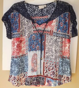 Kim Rogers Womens Top Blue Floral Print Paisley Lace Yoke Short Sleeve Size: M - Picture 1 of 3