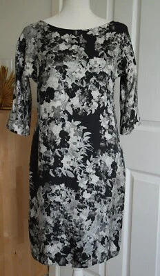 Erdem Silk Boat Neck Mid Length Shift Dress Monochrome Black Grey Floral UK 10 - Image 1 of 4