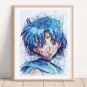 Sailor Mercury Ballpoint Pen Print, Sailor Moon Art Poster - Picture 1 of 3