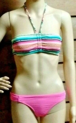 Terno de banho feminino/Jrs 'OP' tamanho M (7-9) 2 peças top listrado rosa multicolorido (C-23) - Imagem 1 de 4